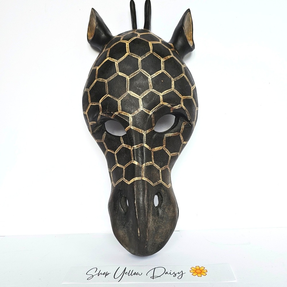 Vintage Hand Carved Wooden Giraffe Mask Black Honeycomb Tribal Wall Art 16"‎